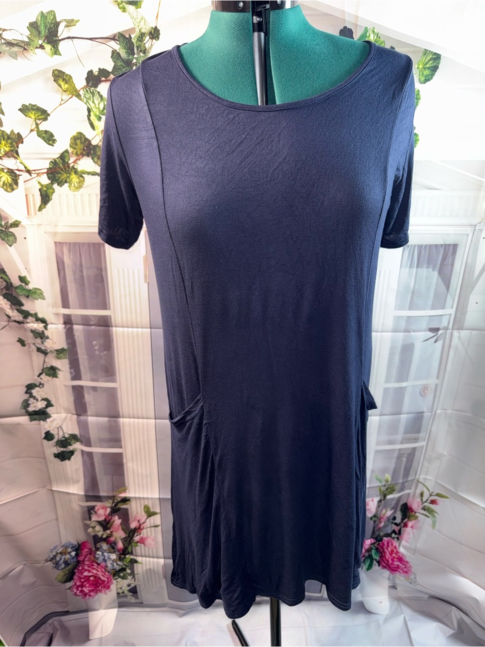 998-Navy Short Sleeve Midi Dress with Pockets